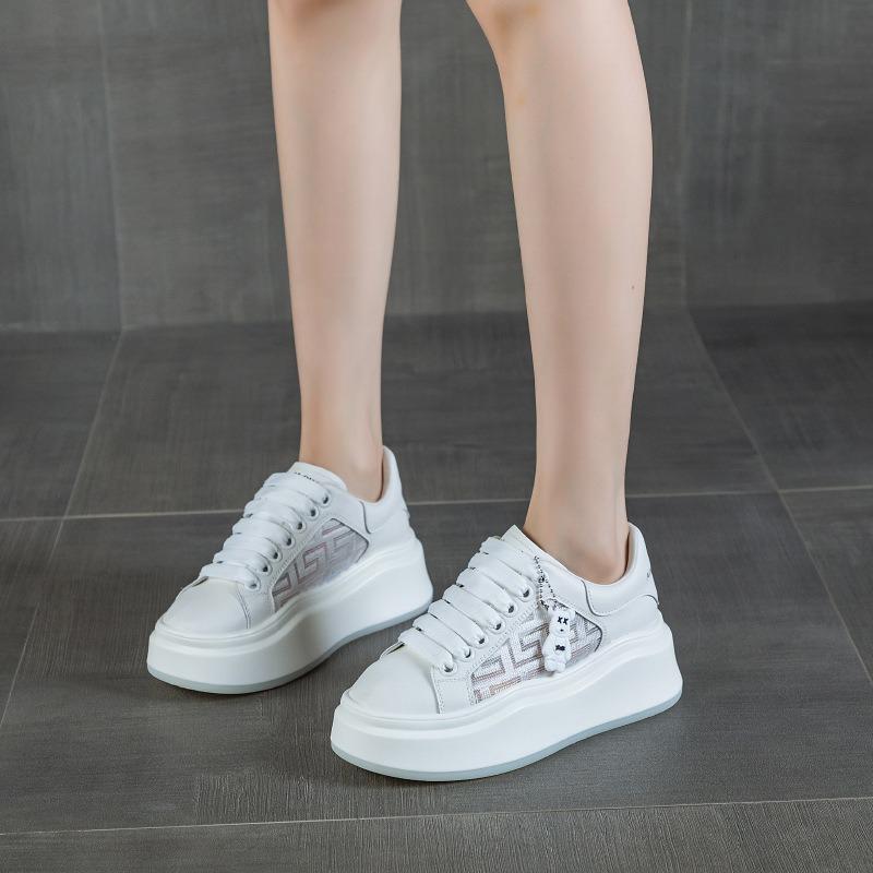 Little White Shoes Women's Spring and Summer New Leather Mesh Breathable Bear Design Heightening Versatile Casual Muffin Thick Bottom