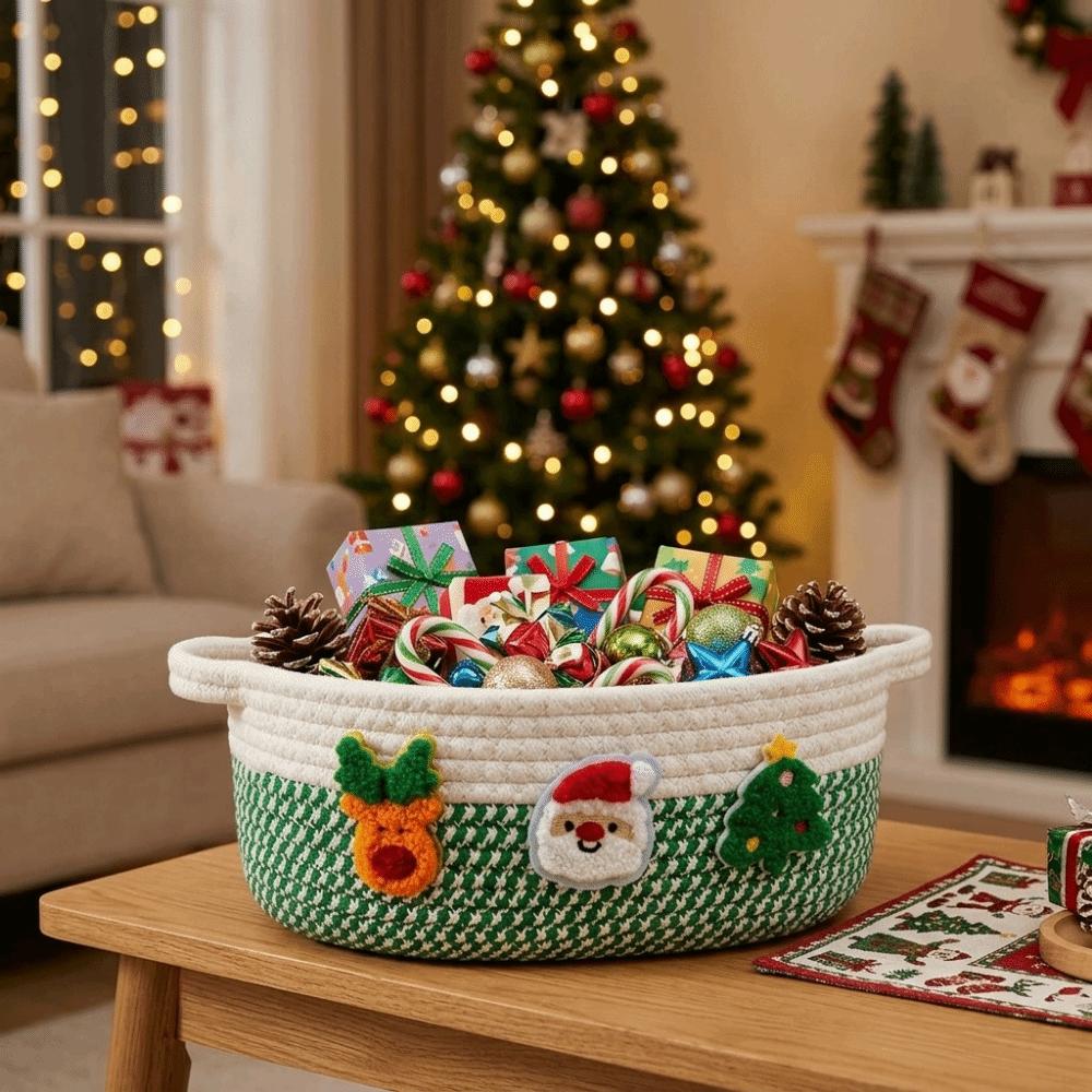 Xmas Theme Christmas Woven Storage Basket Cotton Rope Small Item Storage Bin Desktop