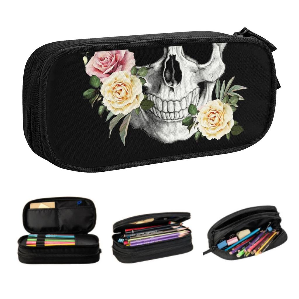 Custom Skull Skeleton Roses School Pencil Case Girls Boys Large Storage Flower Pencil Pouch Students Stationery