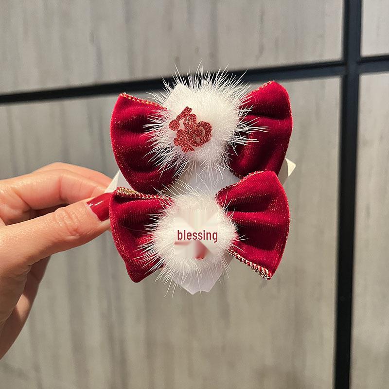 Red New Year Pearl Tassel Pompon Hair Clips for Children - Hanfu Style