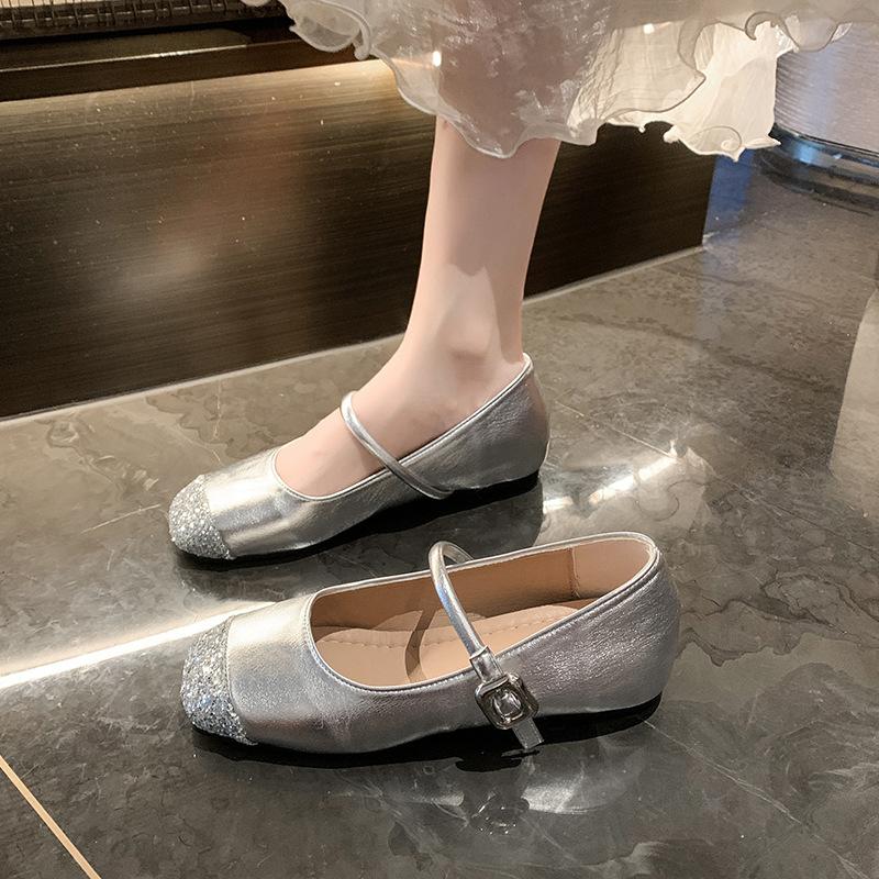 Rhinestone Silver Single Shoes Female Autumn Mary Jane Soft Sole One Word with Sequins Light Mouth Fairy Temperament Single Shoes