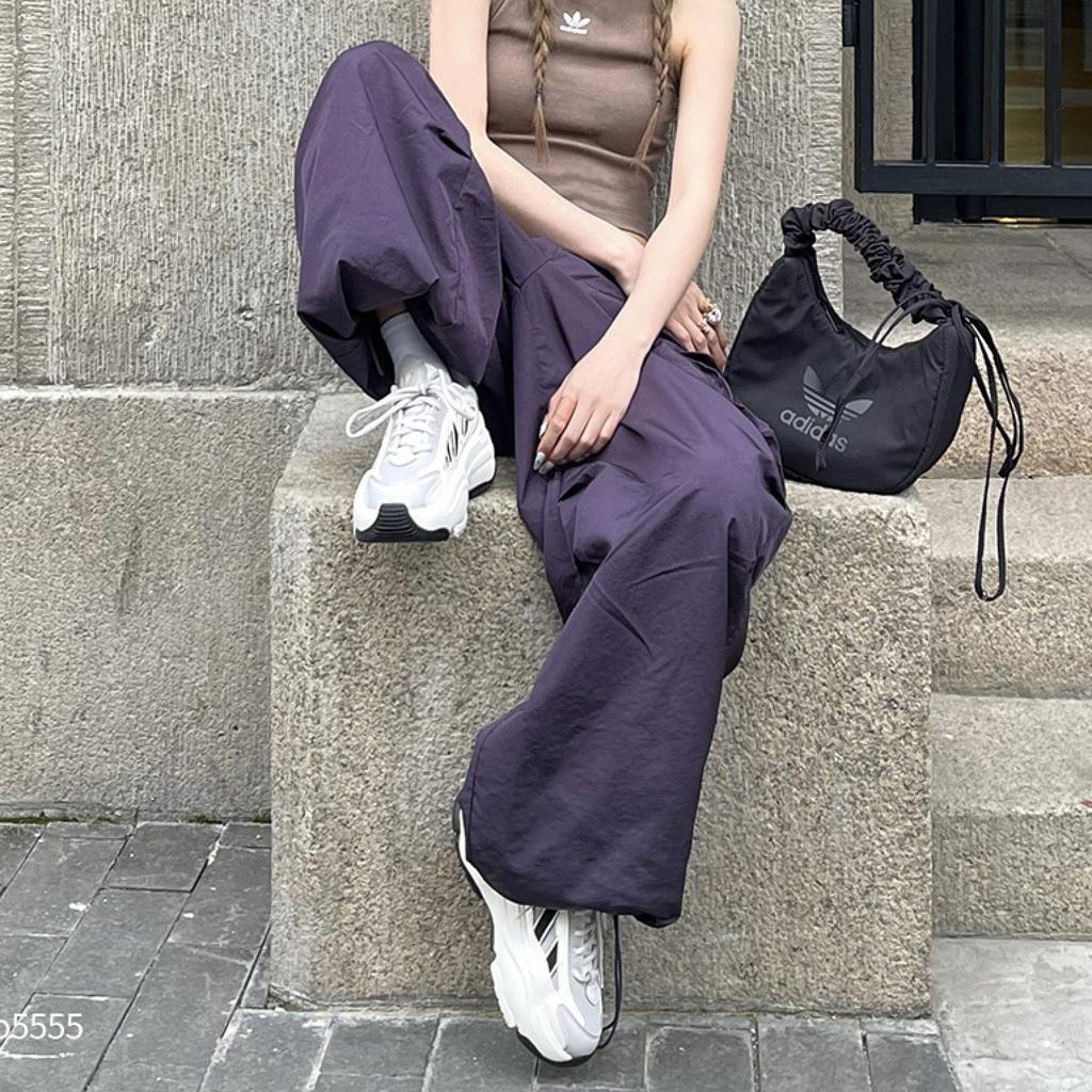 Adidas Originals Lace-Up Mid-Rise Solid Wide-Leg Casual Pants Women Bottoms Black JD1125