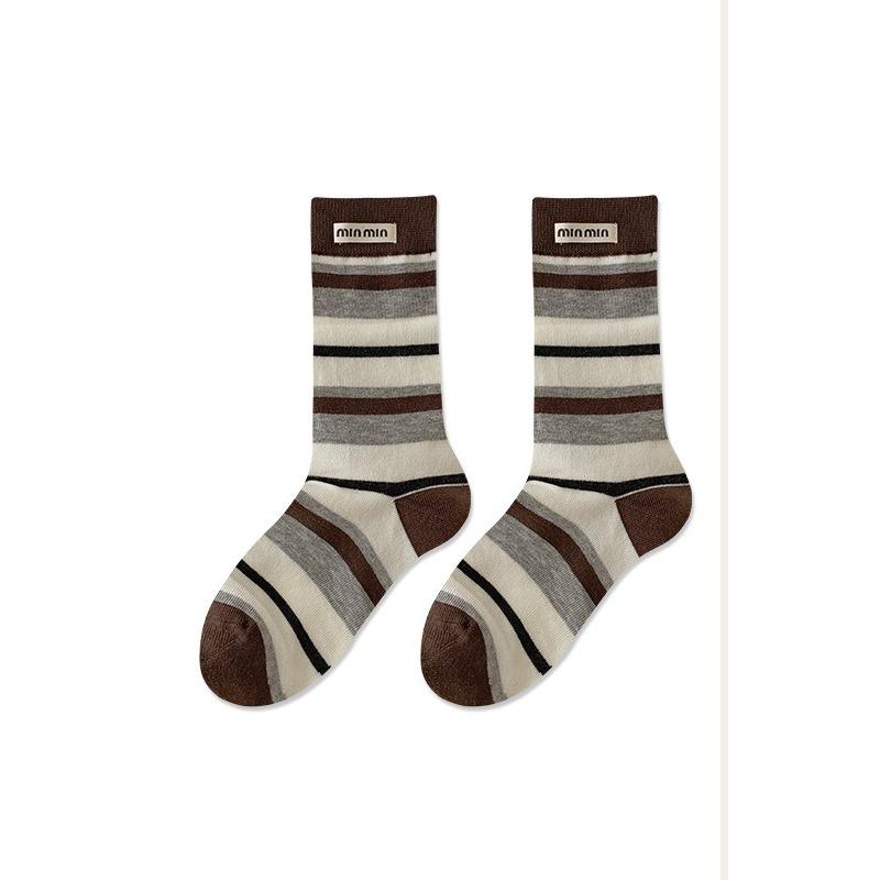 

Women s Autumn Striped Maillard Color Series Striped Contrasting Color Versatile Fabric Label Minmin Letter Mid-calf Socks 1 pair