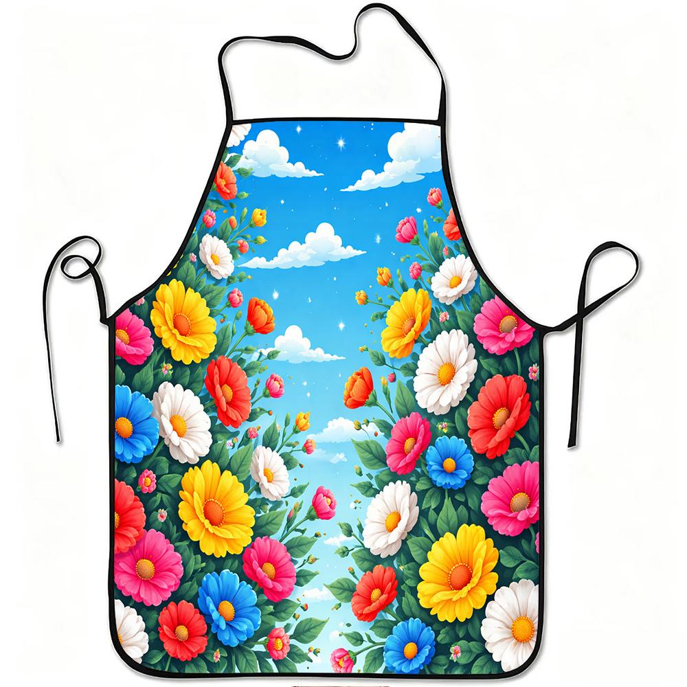 1pc Colorful Blooming Flowers Sky Print Apron, Durable And Easy To Clean, Adjustable Waistband, Polyester Material, for Kitchen Cooking, Gardening, Or