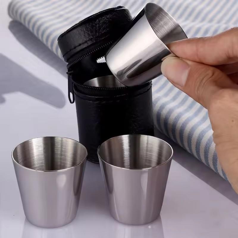 4Pcs Set Outdoor Practical Travel Stainless Steel Cups Mini Set Glasses For Whisky Wine With Case Portable Drinkware 30ml