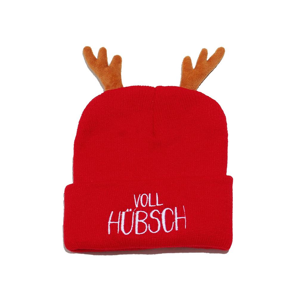 

2025 осінь та зима нова вовняна шапка жіноча червона вишита шапка-пуловер з написом, в язана шапка з оленячими рогами, Різдво M（56-58cm）