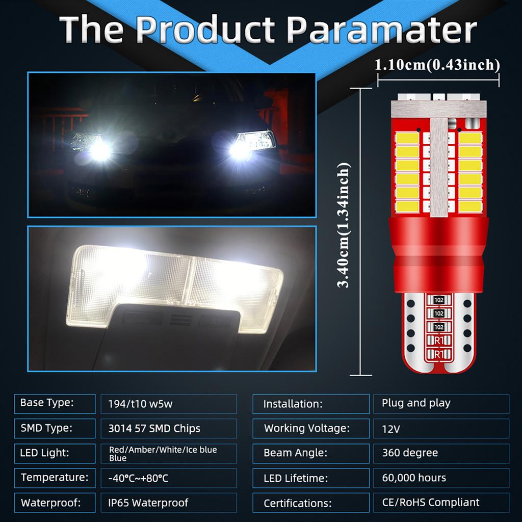 50/100PCS T10 W5W LED Bulbs 194 Car Interior Light Super Bright Day Running Light Canbus 12V License Plate Lamp 57SMD 3014