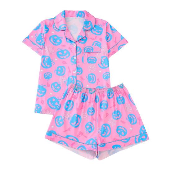 Halloween Women Pajamas Set Ghost Pumpkin Print Short Sleeve Button Down Shirts And Shorts Sleepwear Set 2 Piece Loungewear Pjs Short Set