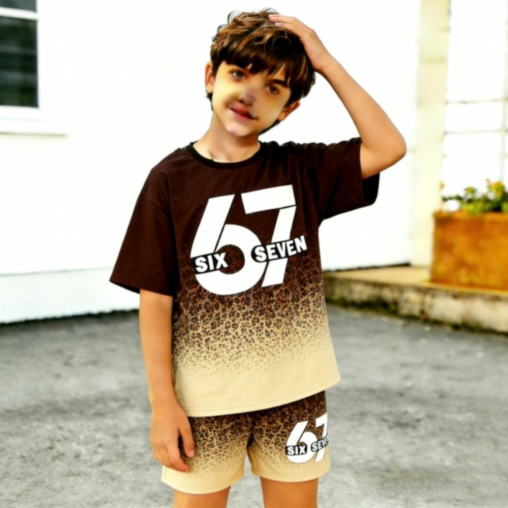 Fashion Leopard 67 Colorful Gradient Printed Kids T-shirt and Shorts 2 Piece Set Summer Casual Outfit for Boy's and Girl's Kids Clothing Top