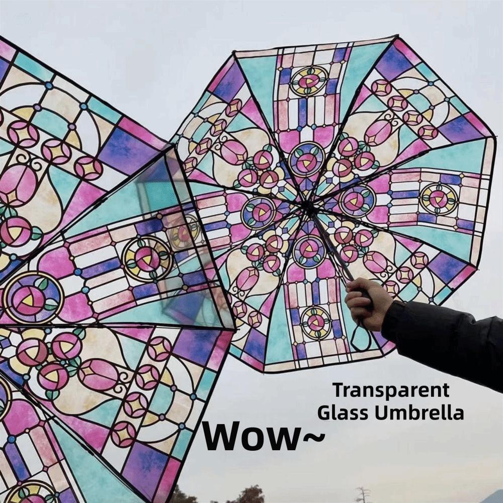 Hand-Painted Design Transparent Umbrella Stained Glass Print Automatic Umbrella Rain Protection