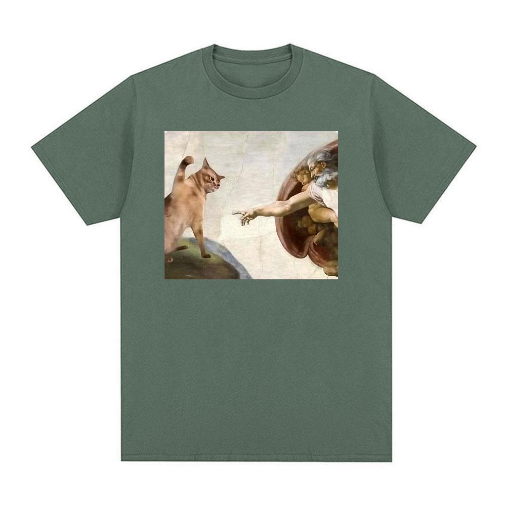 

Renaissance Michelangelo Creation Painting Funny Cat Meme Tshirts Unisex Women Fashion Vintage Cotton Short Sleeve Classic T Shirt S