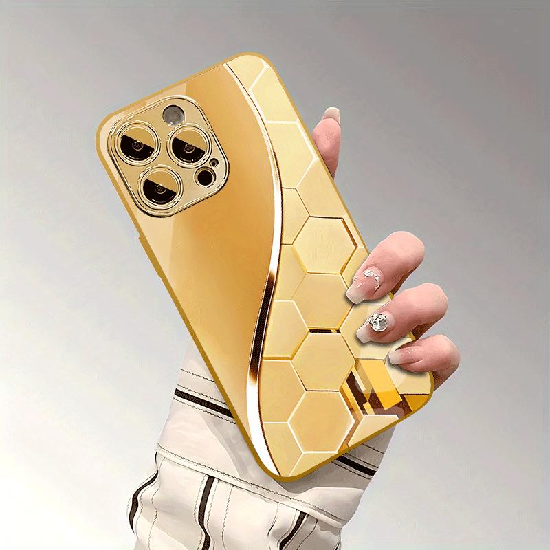 Premium Ultra-Thin Gold-Plated Honeycomb Design Tempered Glass Phone Case for iPhone 17 16 15 14 13 12 11 etc