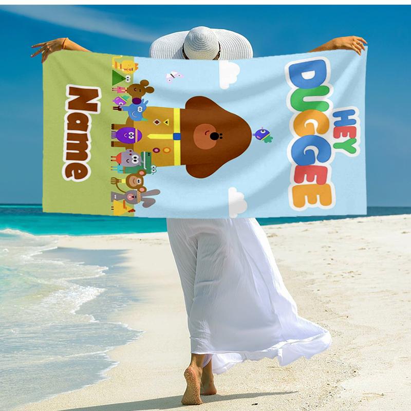 Custom Name Ultra-Soft Beach Towel with Hey Duggee Theme,Ideal for Pool - Camping, Diving - Perfect Travel Essential, Vibrant Beach Towel.