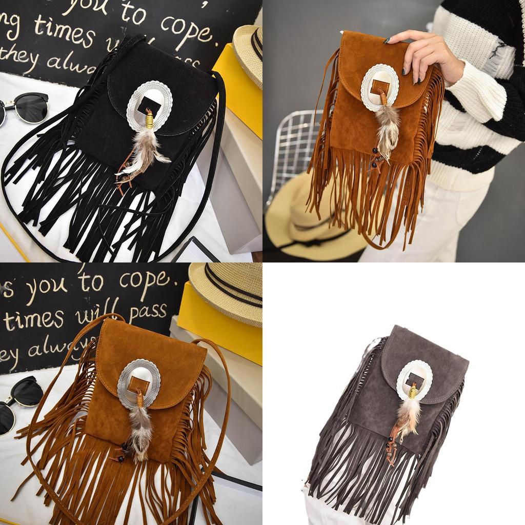 Bohemian Feather Tassel Shoulder Bag With Polyester Lining For Casual Outings