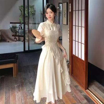 Elegant Summer Qipao with Irregular Ruffle - Sweet, Slimming, Long Dress