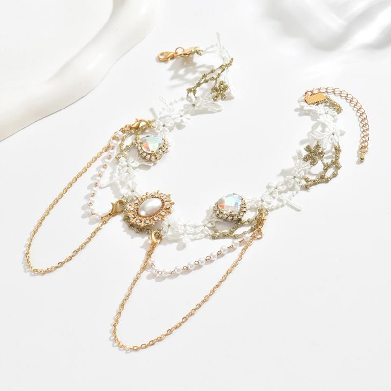 Stylish White Lace Collar Necklace Polyester Alloy Pearls Collarbone Chain Jewelry For Retro Look Any Occasion
