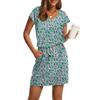 Women's Summer V-Neck Casual Short Sleeve Drawstring With Pocket Vintage Dresses