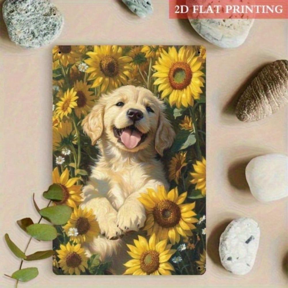 Metal Wall Art Goldendoodle Puppy Sunflower Rustic Decor for Living Room