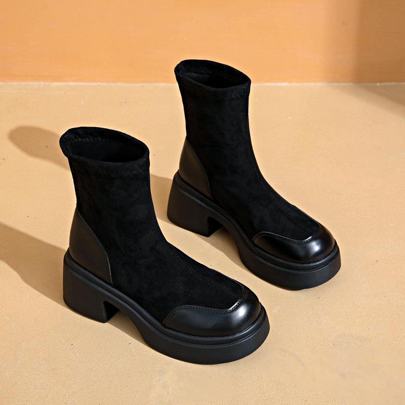 French thick heel thin boots 2025 autumn and winter new Korean version versatile medium tube black fashion boots short elastic boots