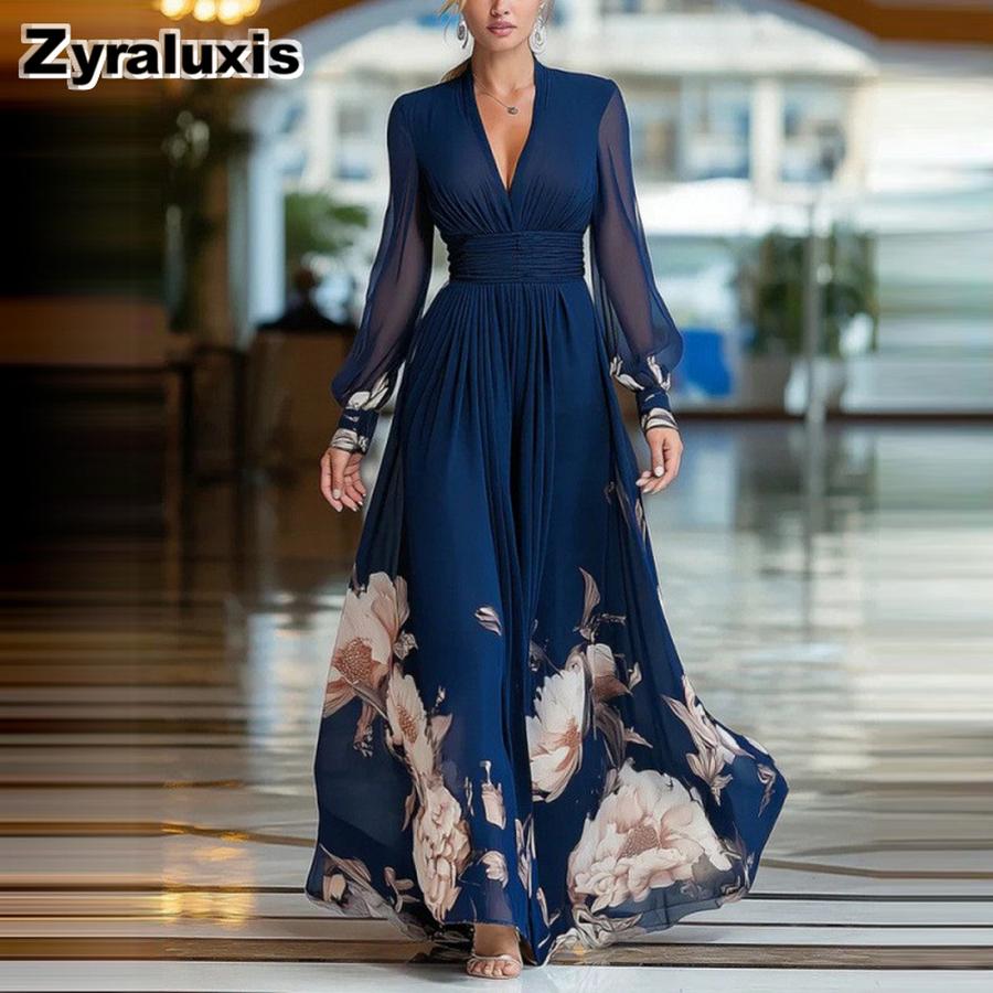 Abito a Maglia Lunga Patchwork Floreale Slim Fit Francese Gonna Maxi Stampata Versatile per Donna