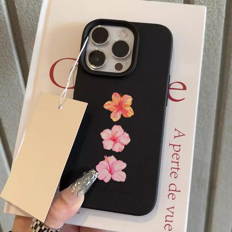 Hibiscus Flower Pattern Lychee Texture Silicone Phone Case For iPhone 11 12 13 14 15 16 17 Pro Max 14 Plus 17Air Soft Cover