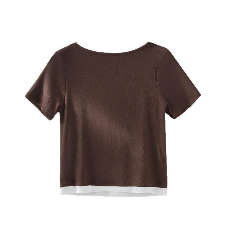 Women's Spring/Summer Color Block Yoga Vest: White, Fake Two-Piece, Short Sleeve, Loose Slim Fit