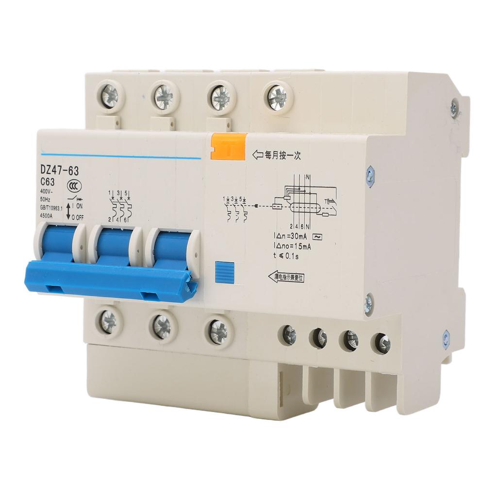 Circuit Breaker 3P and N MCB DIN Rail Mount 4500A Breaking Capacity 400V 63A for Home Office