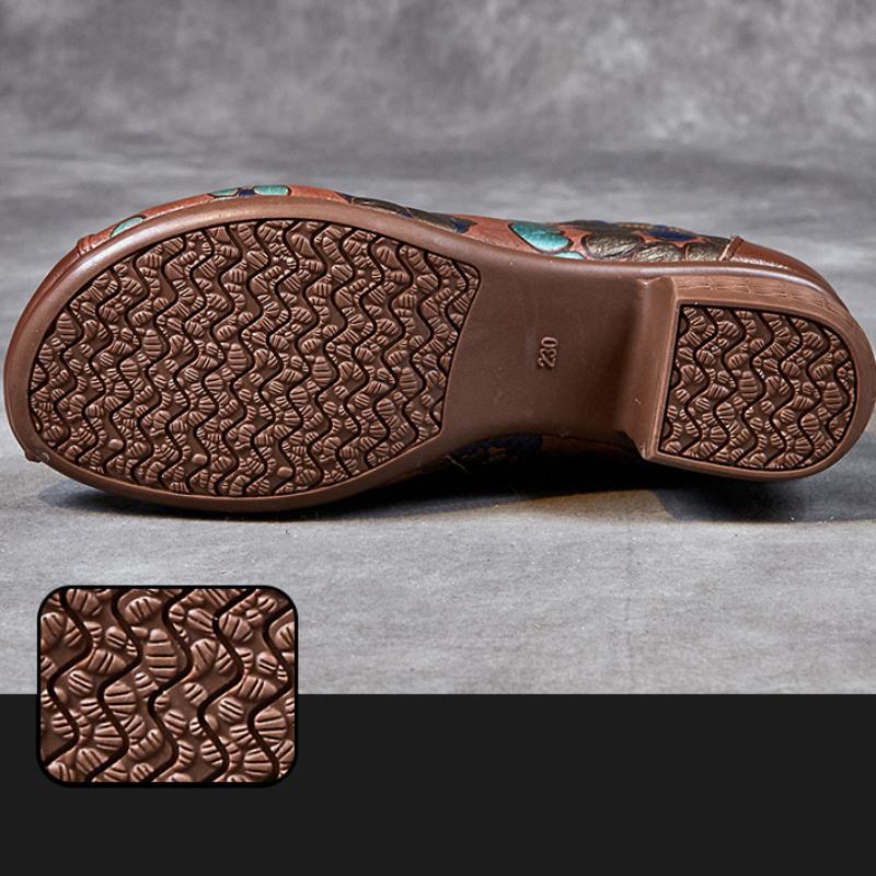 Johnature morbidi stivali corti caldi stampa retrò in vera pelle tacchi spessi e suole morbide scarpe da donna