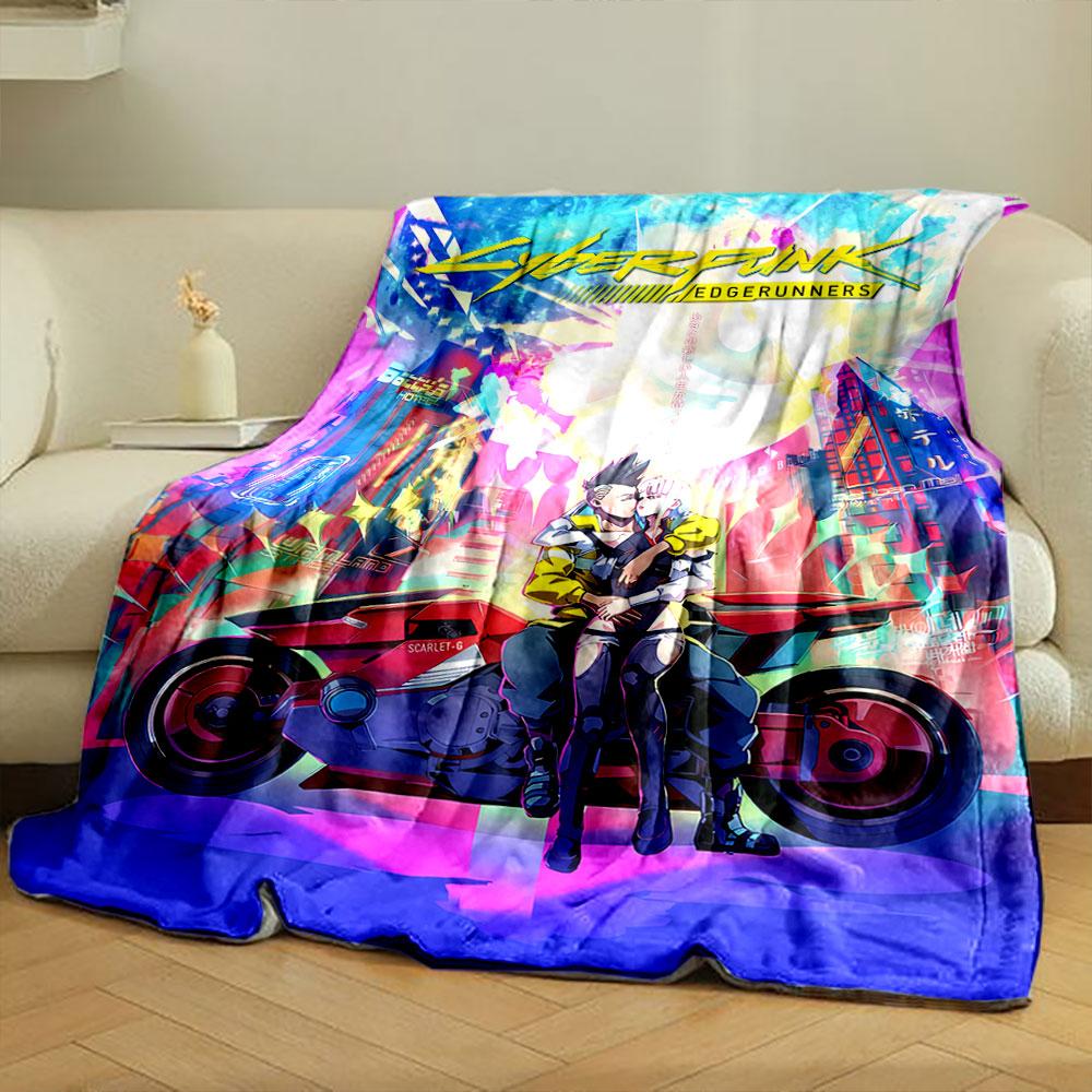 Futuristic neon cityscape with a couple on a red motorcycle. for all seasons blanket lunch break throw gift