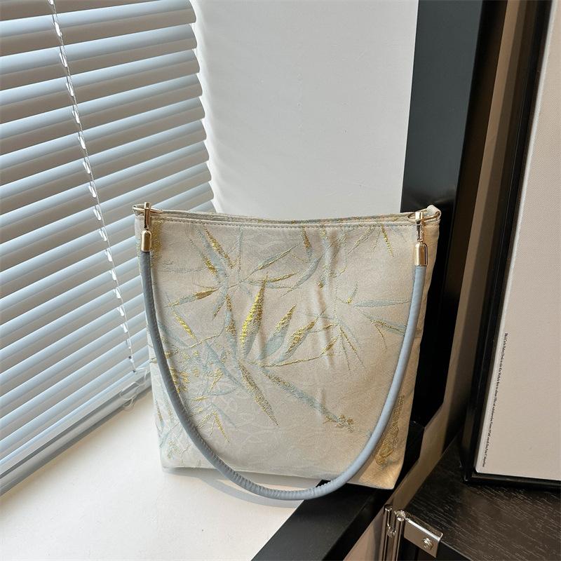 New Chinese Style Silk Bucket Bag Women Fashionable Woven Shoulder Purse Soft Underarm Handbag
