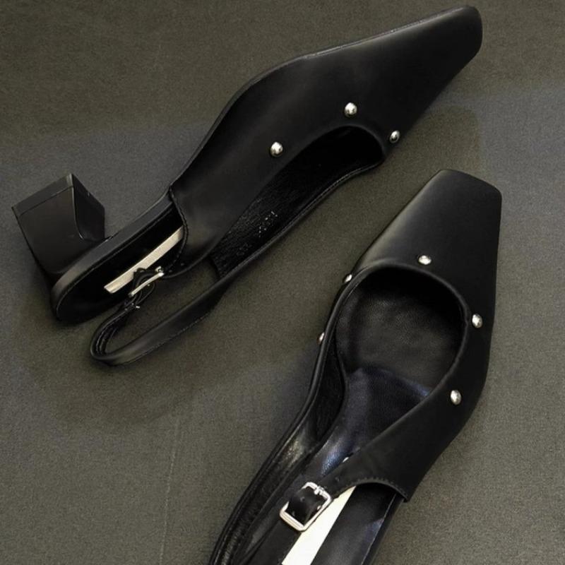 

Fashion Spring and Summer Baotou Sandals Women s New Square Toe Shallow Mouth Rivet Back Trip Buckle Strap Block Heel Kitten Heel Shoes 40 чёрный