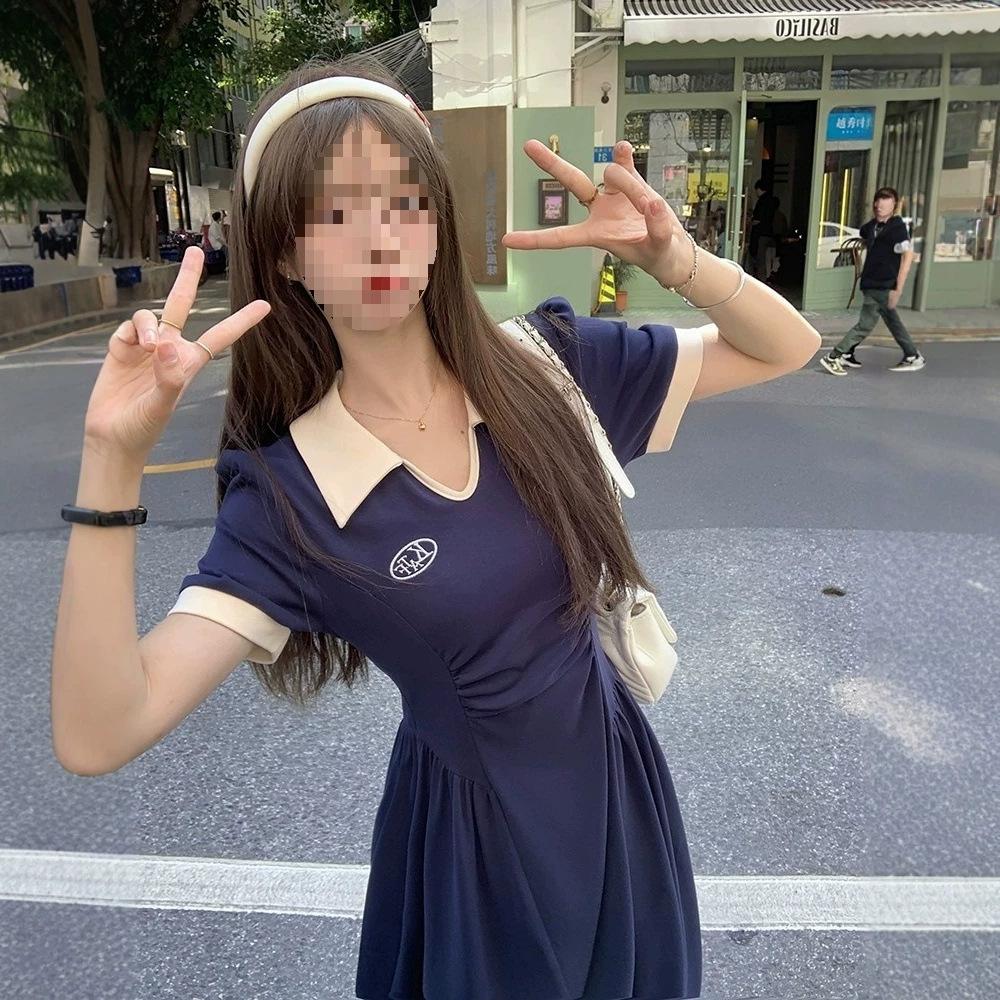 MR Practice Short-sleeved Polo Collar Dress Women's Summer Waist A Word Thin Belly Cover Skirt Explosion