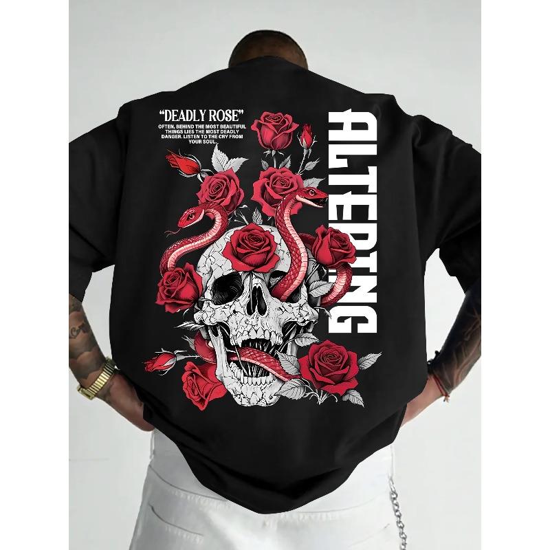 European Size Abyssal Scream Men s Casual Sporty Streetwear Y2K Skull, Rose, and Snake Element Print Trendy Short-Sleeve T-Shirt S чёрный