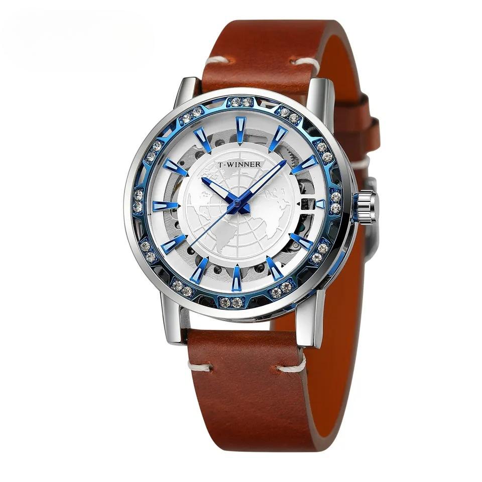 Erkek Moda Rahat Klasik Popüler Yapay Elmas İçi Boş Manuel Mekanik Saat İzle