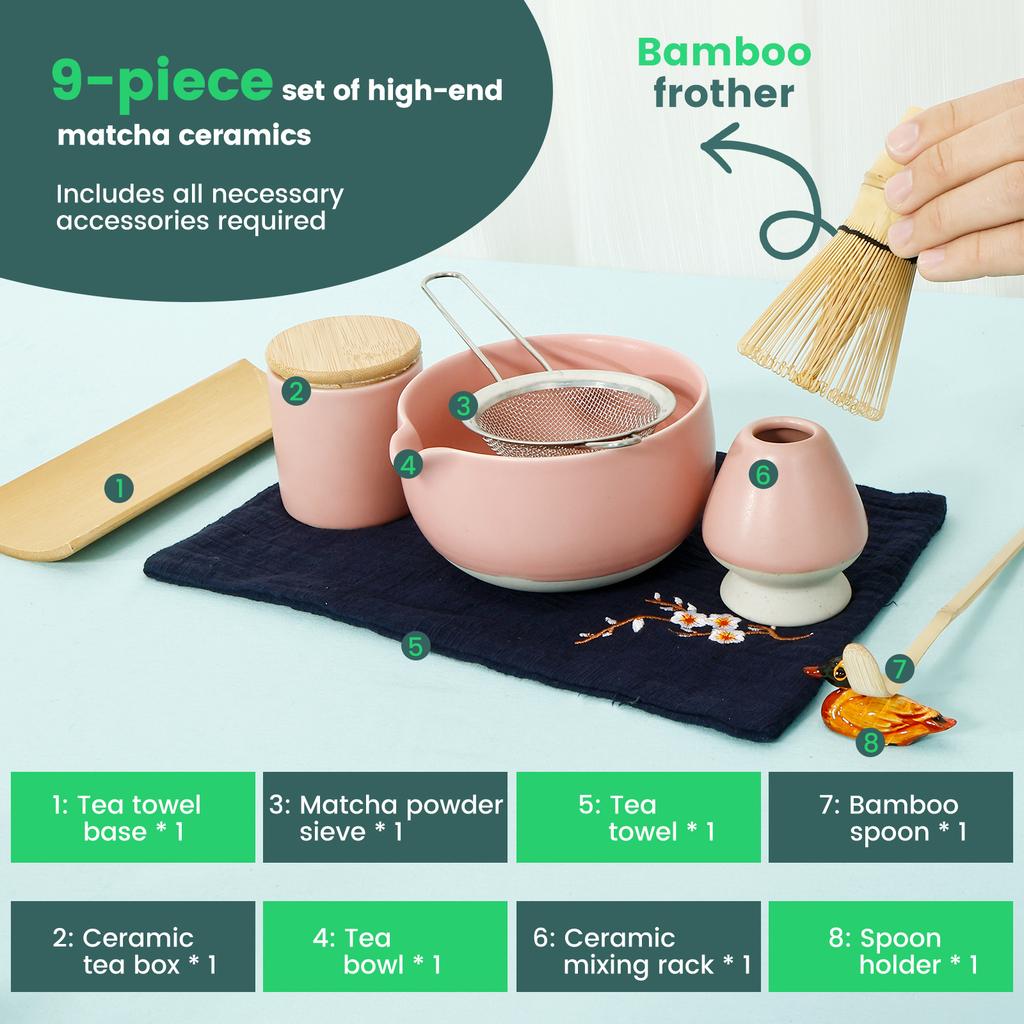 5/7/9Pcs Matcha Whisk Set Elegant Matcha Tea Set Ceramic Bowl Teaspoon Whisk Holder Powder Box Spoon Holder Tea Cloth Tea Sieve