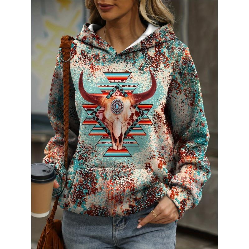 Vintage-Inspired Western Print Sweatshirt - Soft, Casual, Drawstring hoodie with Pocket for Women Long Sleeve Pullover Design