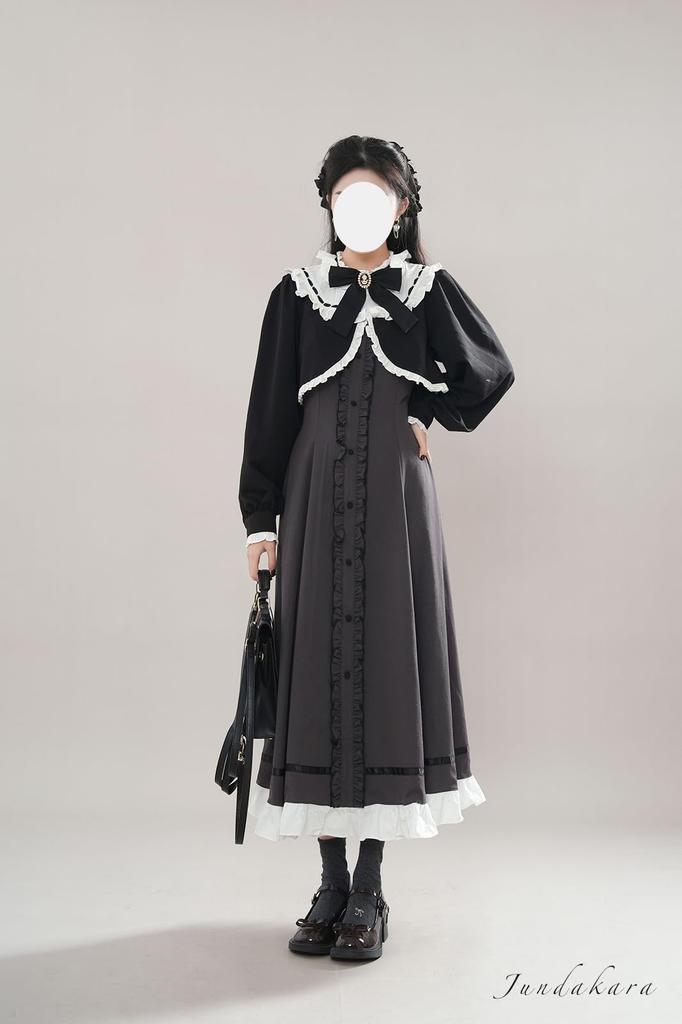 Jundakara Elegant Vest Dress and Coat Long Removable Ribbon and High French Girly Student XL Cape-Style Set, Sleeves, Ruffles, A-Line, Waist,