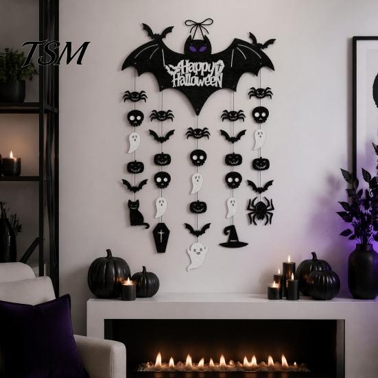Spooky Home Decor Happy Halloween Bat Hanging Door Sign, Skull Spider Paper Black Cutouts Ornament, Large Wall Hanger for Party Supplies Sign