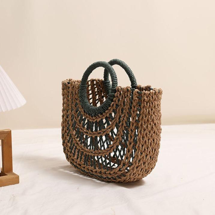 IELGY Fashion Hollow Semicircle Portable Straw Bag Round Handle Contrast Color Woven Vacation Beach Bag