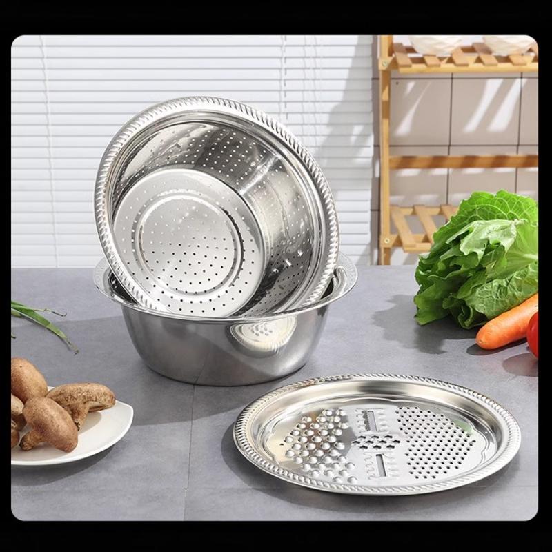 Premium Stainless Steel Kitchen Combo - 3-Piece Set with Slicing Basin, Draining Basket & Multi-Functional Strainer Bowl