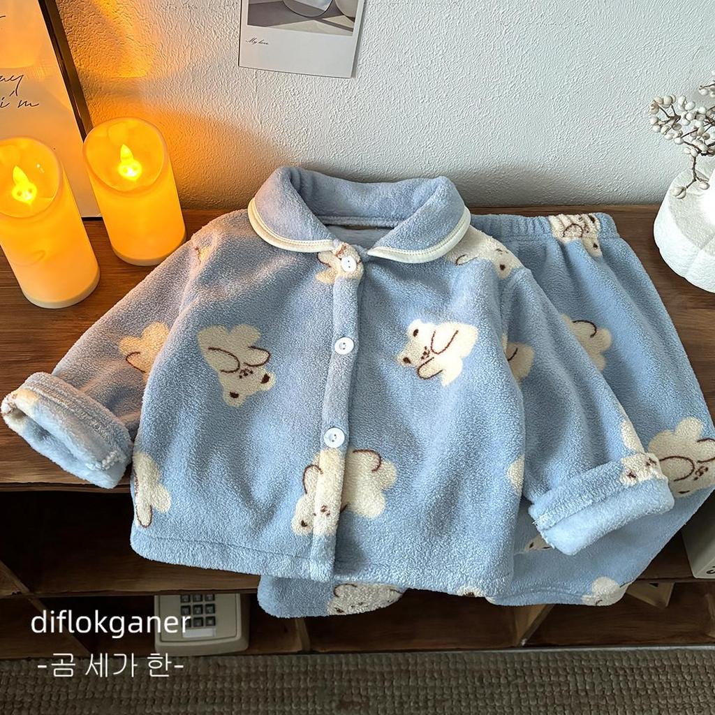 Children's Double-Sided Fleece Pajama Set - Thick Warm Velvet Cardigan with Lapel for Boys & Girls