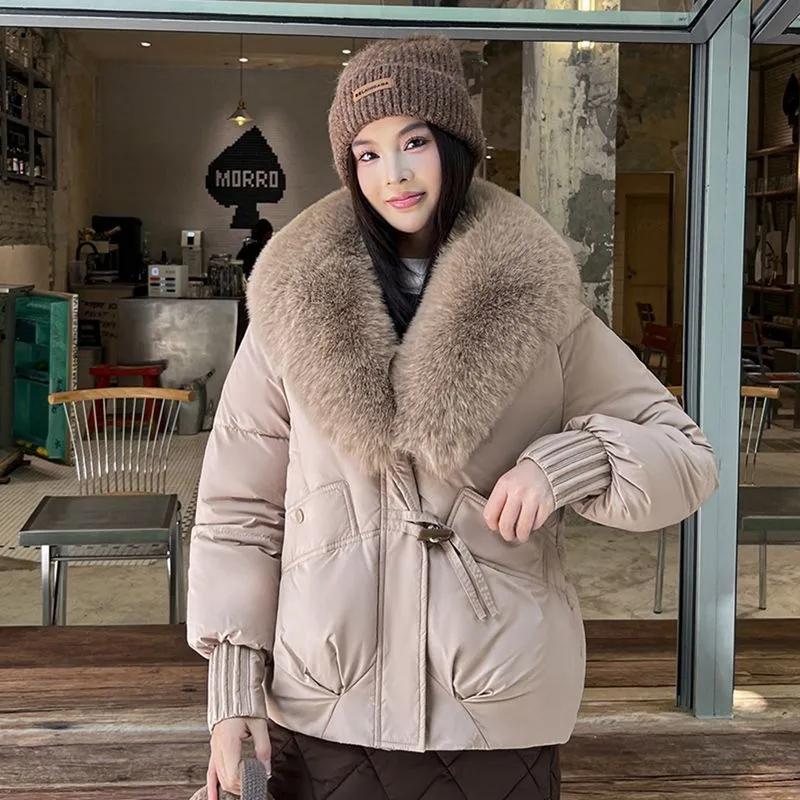 Veste d'hiver épaisse en coton avec grand col en fourrure pour femme, manteau ample type pain, manteau en coton pour femme, vêtements d'extérieur d'hiver