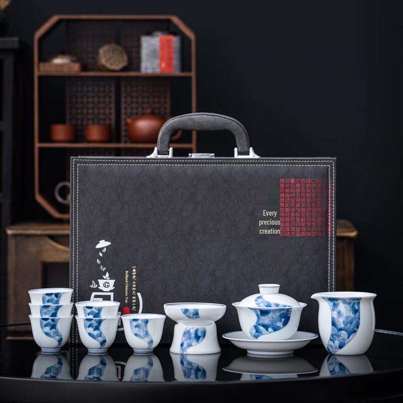 ZISIZ DongShengDa 10-Piece Hand-Painted Suet Jade Porcelain Tea Set