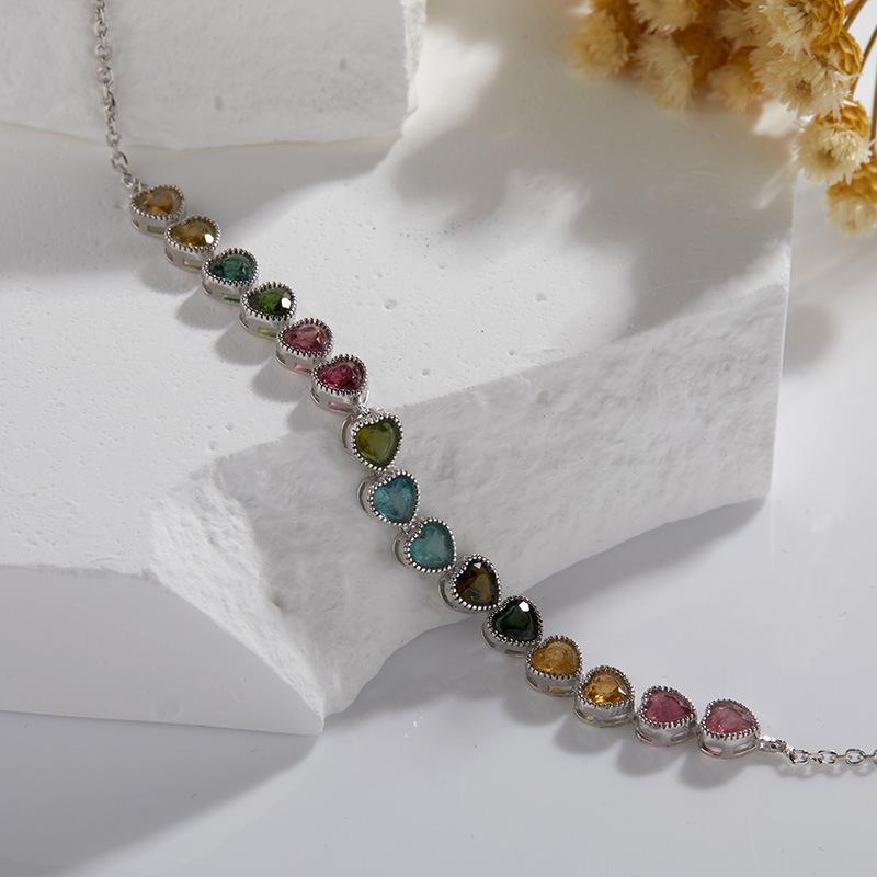 Earrings S925 Sterling Silver Inlaid Natural Colored Treasure Tourmaline Bracelet Women'S Heart-Shaped Love High-End Bracelet.