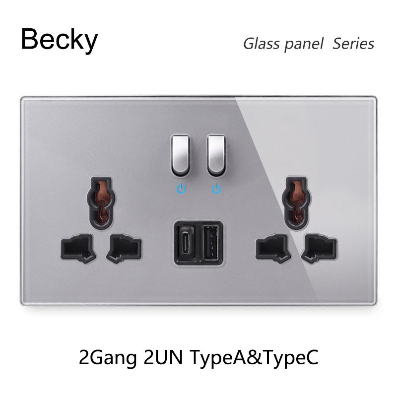 146 Piano Key Reset Switch Tempered Glass Panel 2Gang UN Multifunctional 3-hole Combination Office Hotel Home Villa Decoration