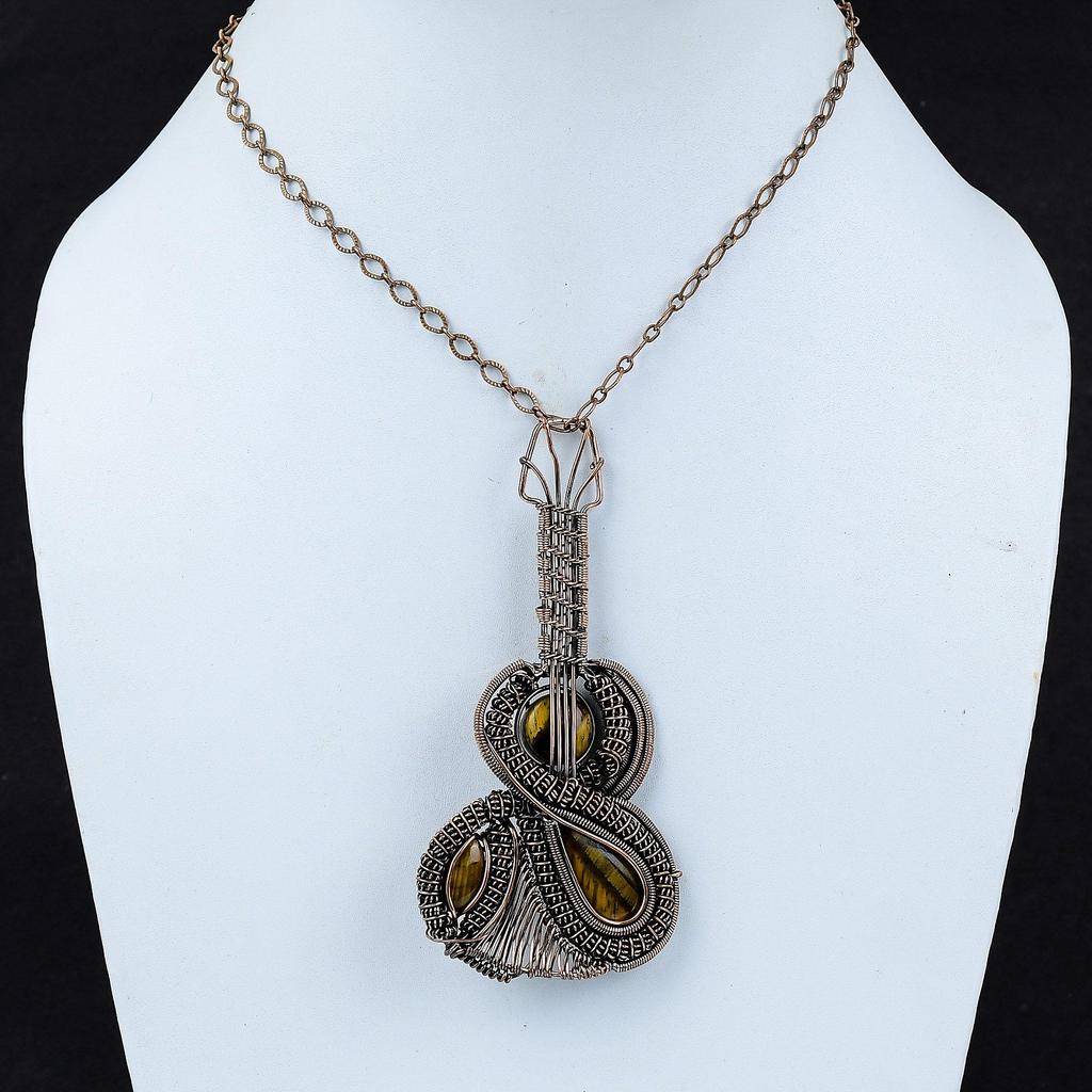 Tiger's Eye Pendant Copper Wire Wrapped Pendant Guitar Pendant Gemstone Tiger's Eye Jewelry Handmade Pendant Anniversary Gift Copper Jewelry