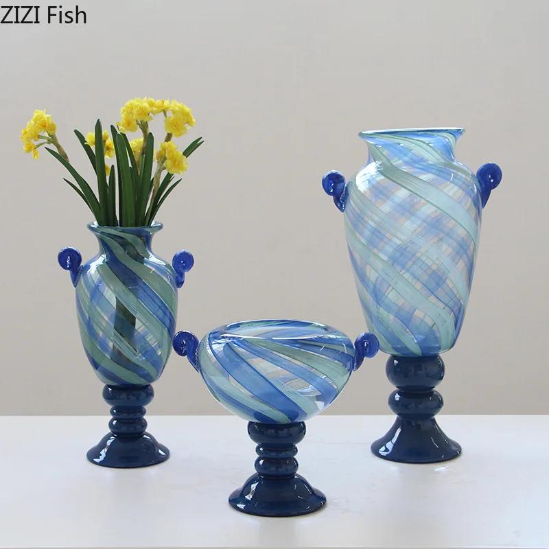 Colorful Blue Stripe Glass Vase Hydroponics Plant Pot Table Decoration Flowers Arrangement Floral Vases Room Aesthetic Decor