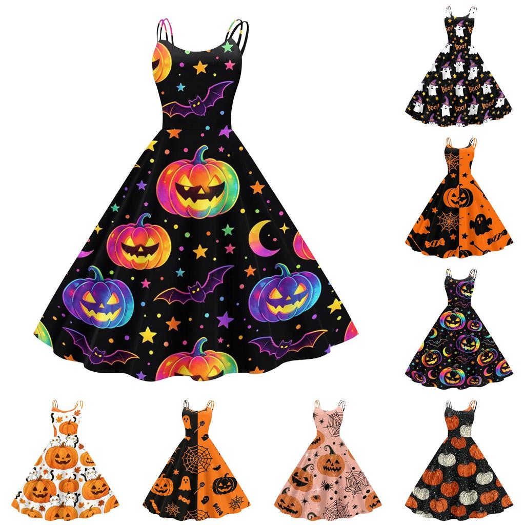 Women Halloween Print Off Shoulder Dress Punk Vintage Style Sleeveless Spaghetti Strap Midi Dress with Flared Skirt for Party