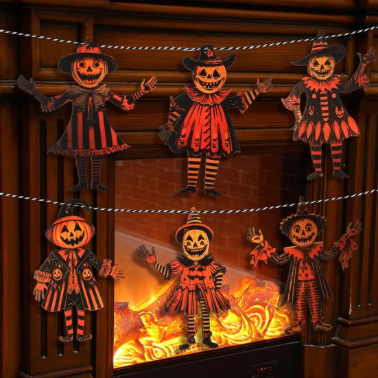Yousheng 1/6Pcs Halloween Pumpkin Man Bunting Spooky Rustic Wooden Pumpkin Man Hanging Garland Table Sign Festival Ornament Decoration