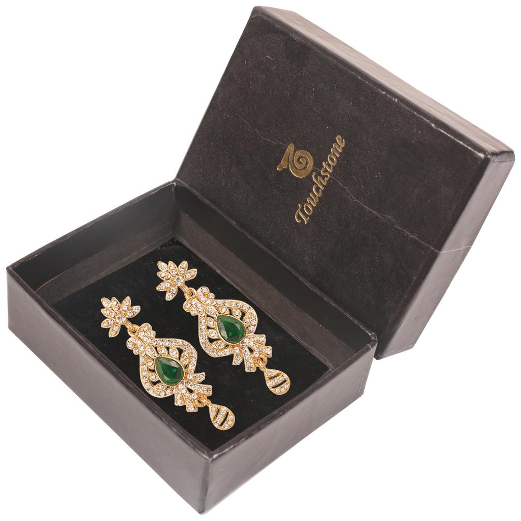 Touchstone India Bollywood Aspirations Traditional Indian Peacock Motif Faceted Faux Emerald Gold Tone White Rhinestones Spectacular Designer Bridal